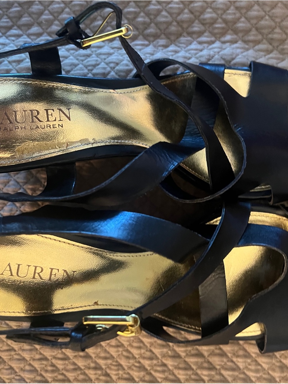 Ralph Lauren Black Leather Gold-Accent Strappy Heels